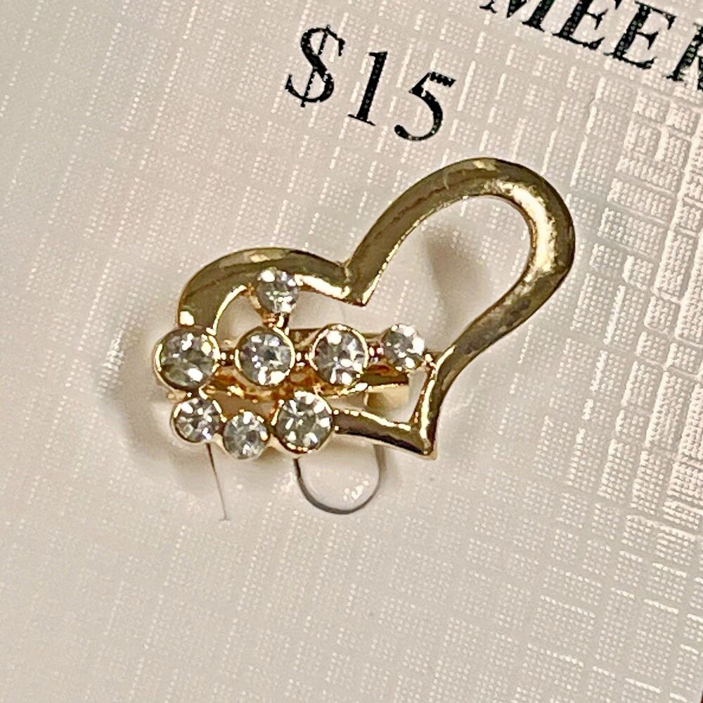 Bijoux By Meera Gold Tone Heart Brooch Rhinestone Pin Romantic Gift Jewelry